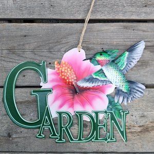 Garden Hummingbird, Hanging Vibrant Color - Metal Embossed Sign